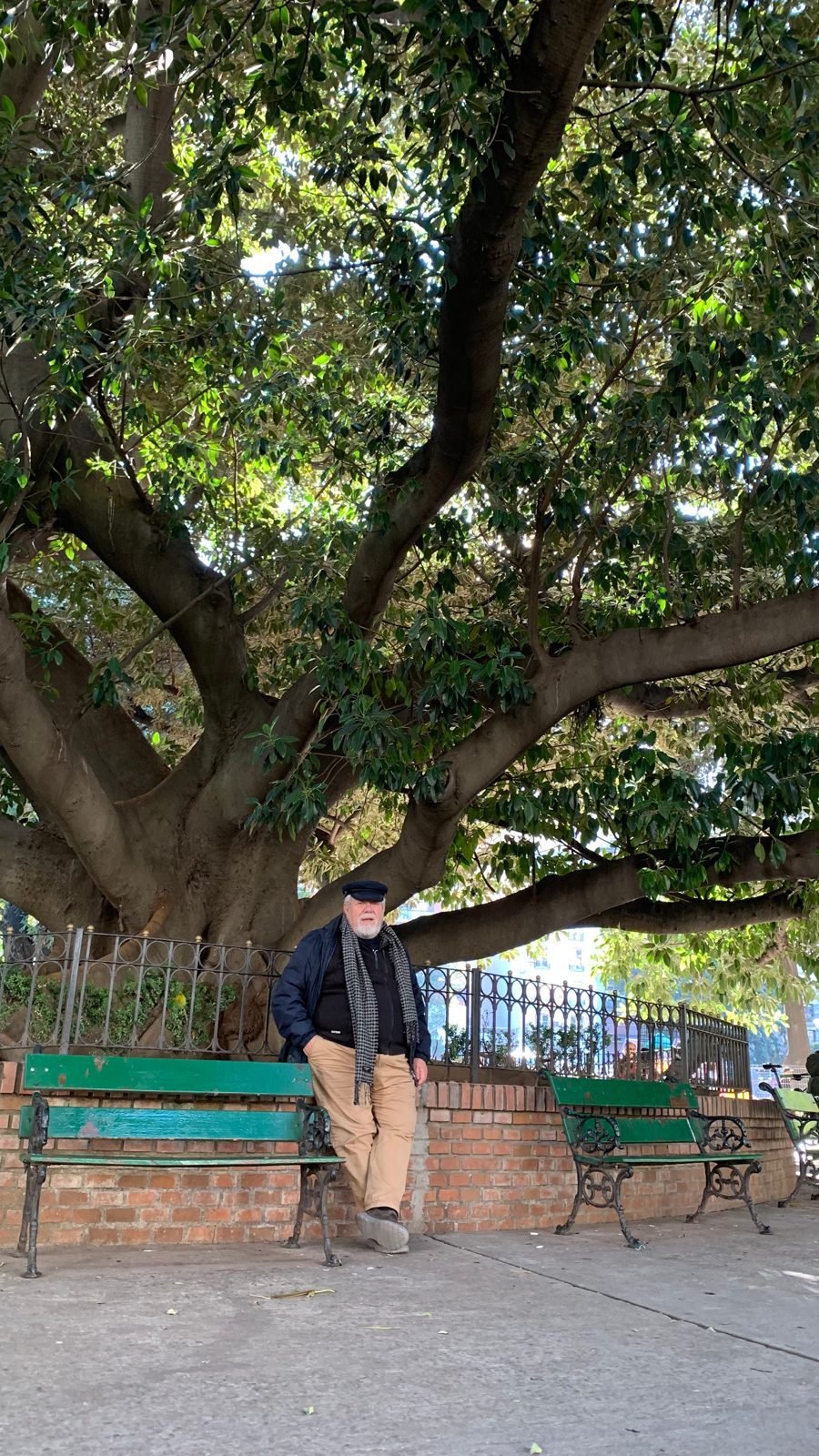 Oscar Elvio Correas bajo un árbol de la plaza